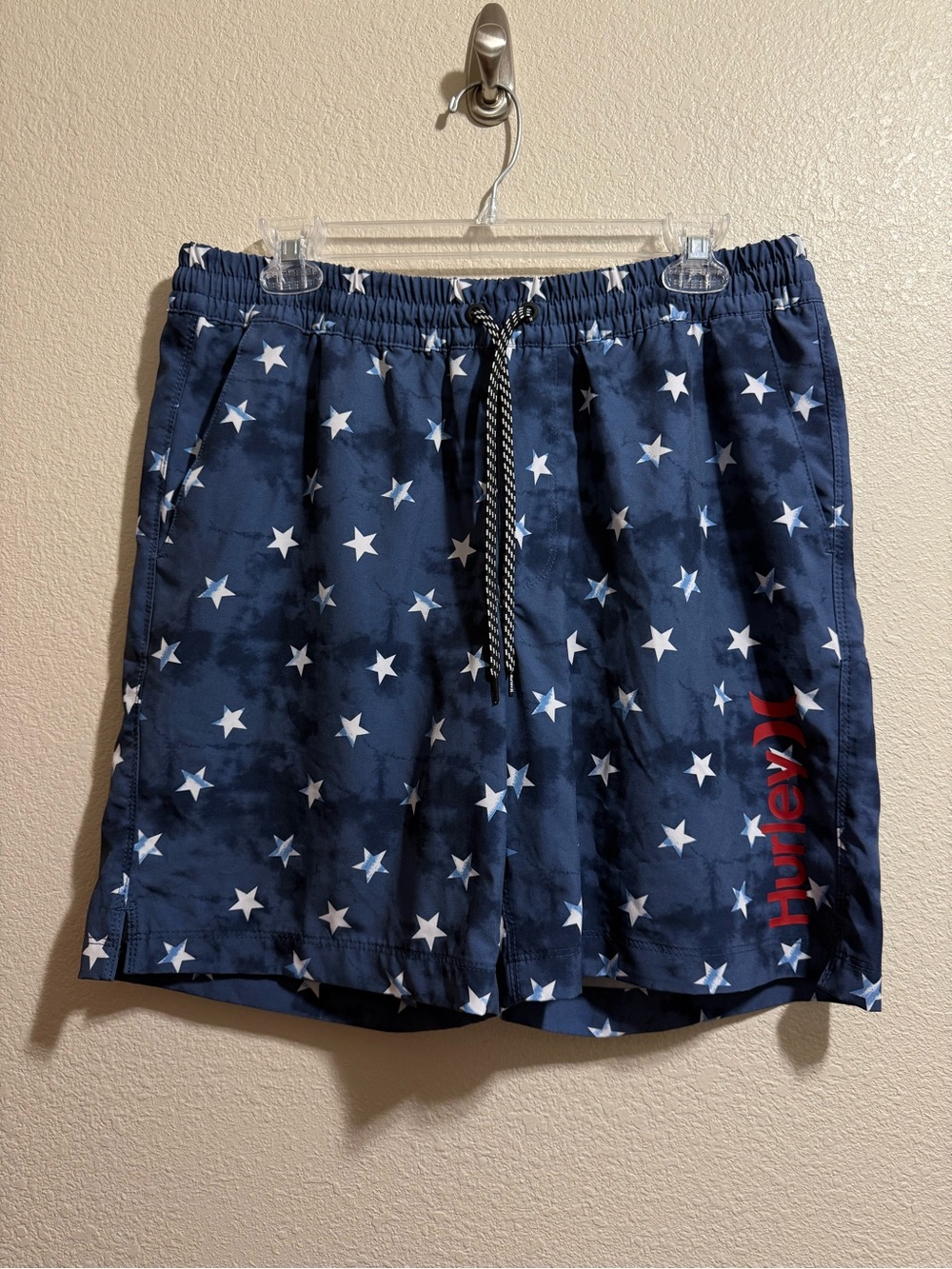 Hurley Men’s Star Print Board Shorts Swim Trunks Blue Red Logo Drawstring - LG